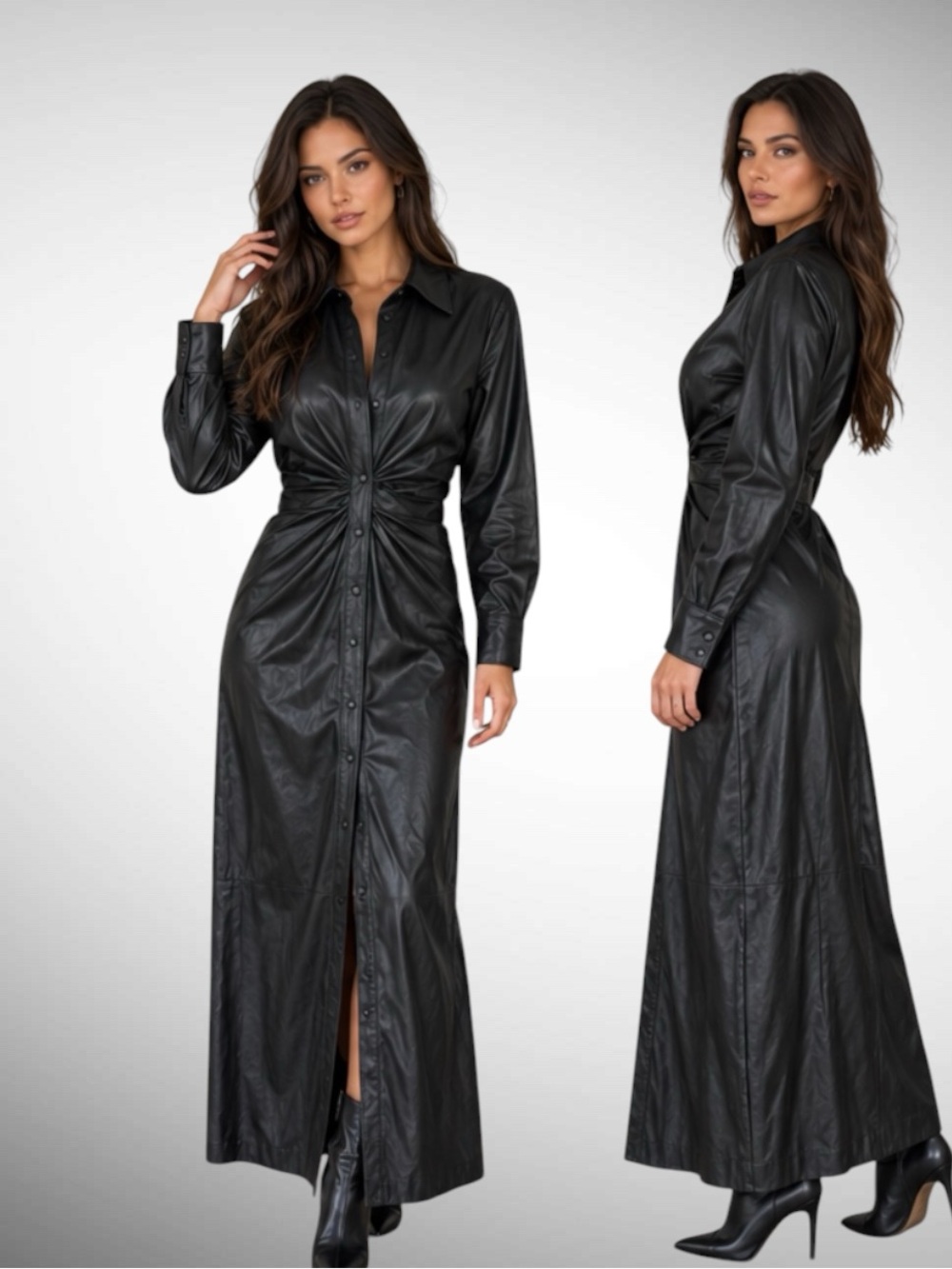 ZARA Black Faux Leather Ruched Maxi Shirt Dress | Size L | Ref. 8744/353